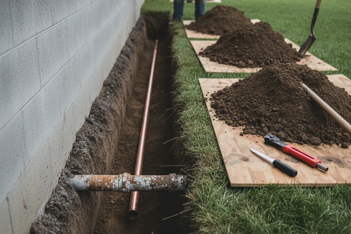 Excavated water line trench during Sewer Line Repair in Quincy